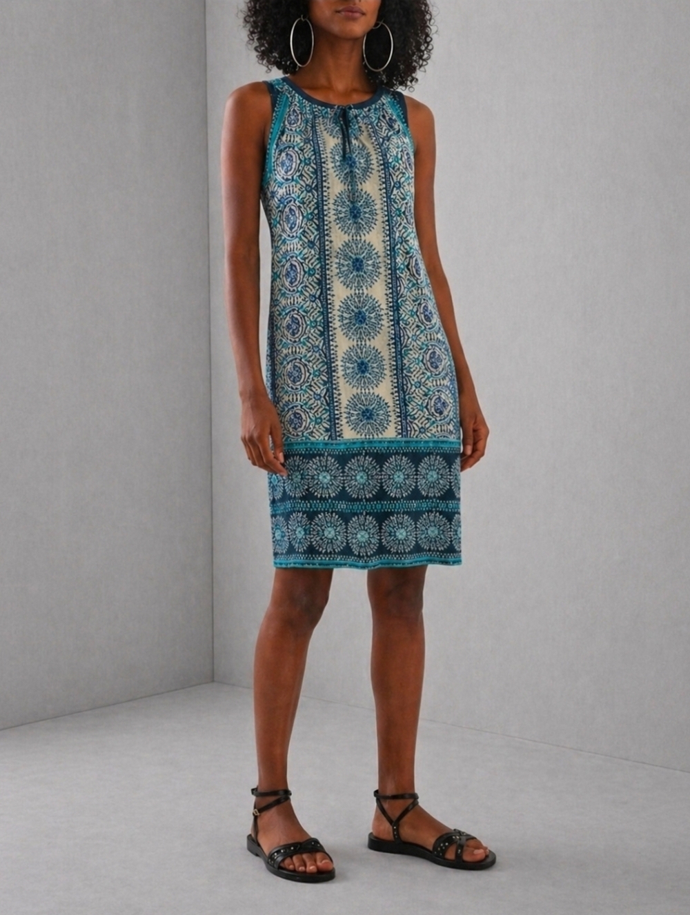 London Times Navy and Cream Printed Sleeveless Midi Dress Size 4 NEW